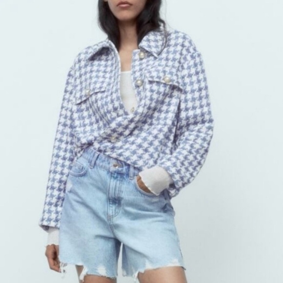 Zara Blue and Cream Tweed Jacket/ Overshirt XS - Picture 11 of 11
